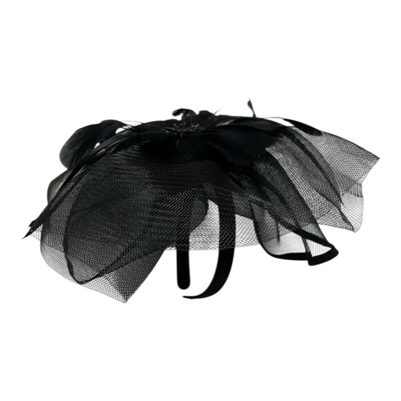 Black Mesh Fascinator Hat with Feather Flower and Headband Clip – Elegant Formal - Picture 3 of 7